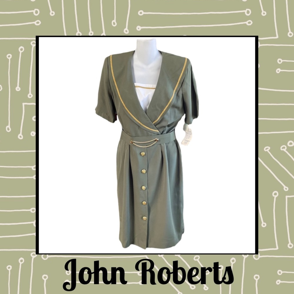 JSJ JOHN ROBERTS Vintage Retro Green Military Style Dress USA Made 11/12P